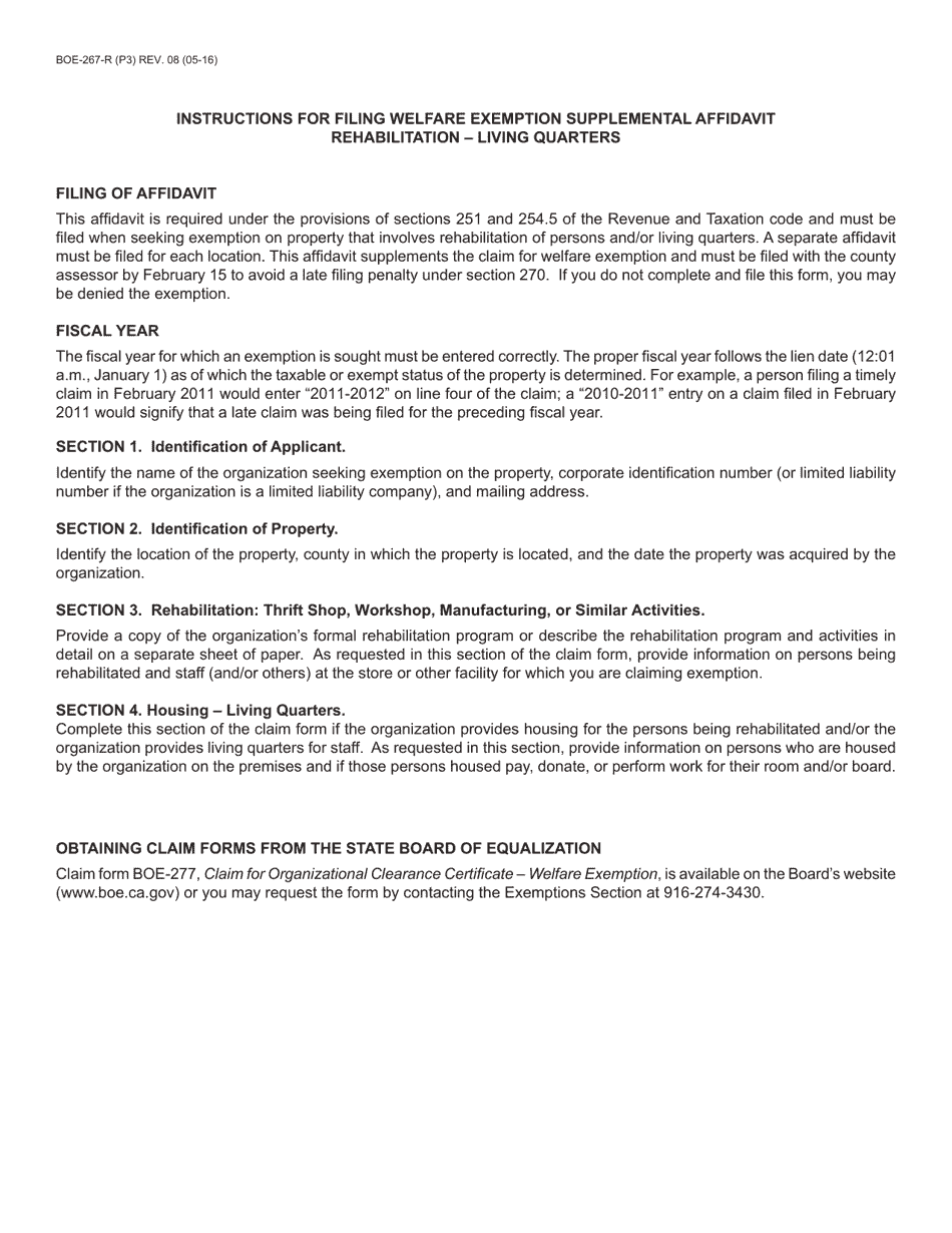 Form BOE-267-R Welfare Exemption Supplemental Affidavit, Rehabilitation - Living Quarters - Mendocino County, California, Page 3