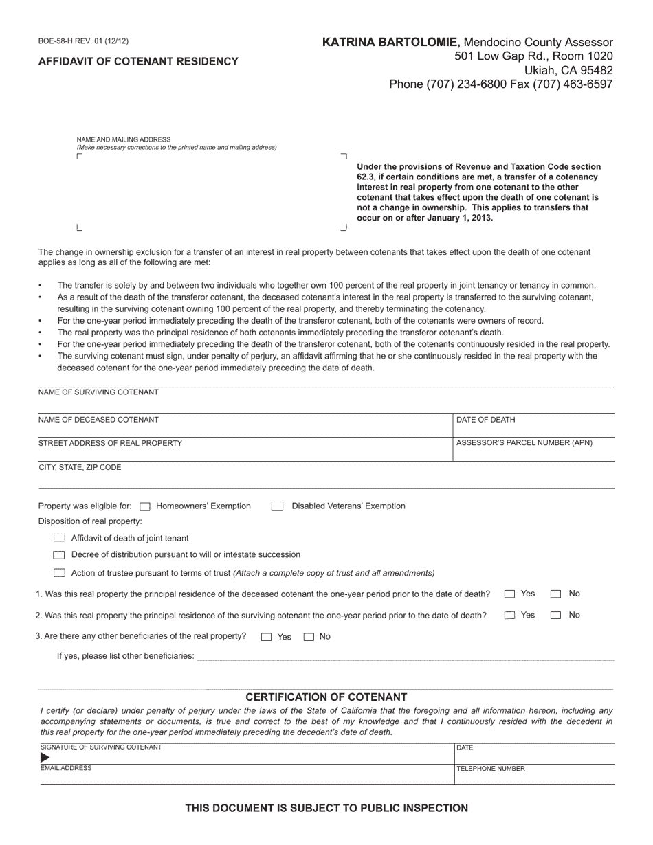 Form BOE-58-H Affidavit of Cotenant Residency - Mendocino County, California, Page 1