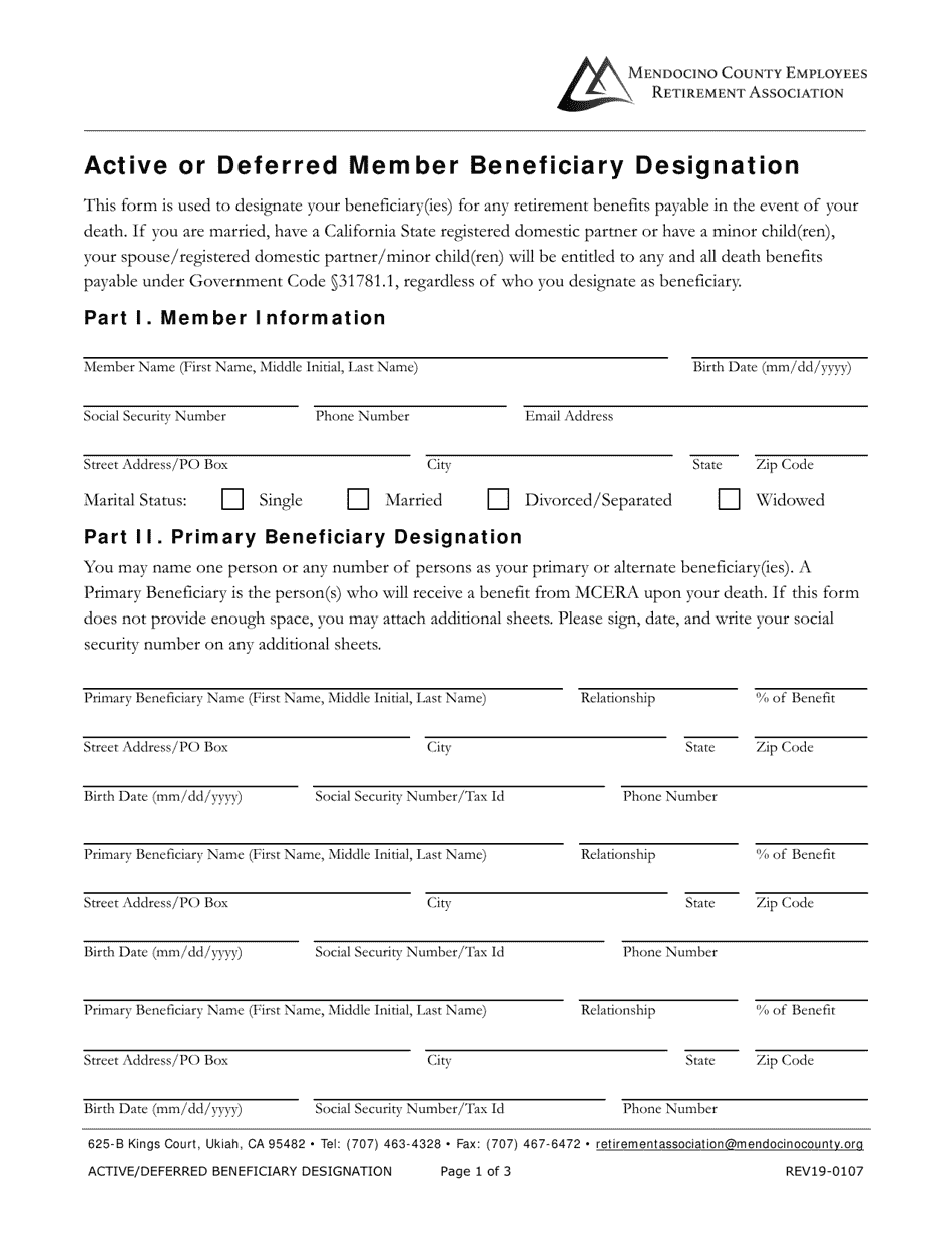 Active or Deferred Member Beneficiary Designation - Mendocino County, California, Page 1