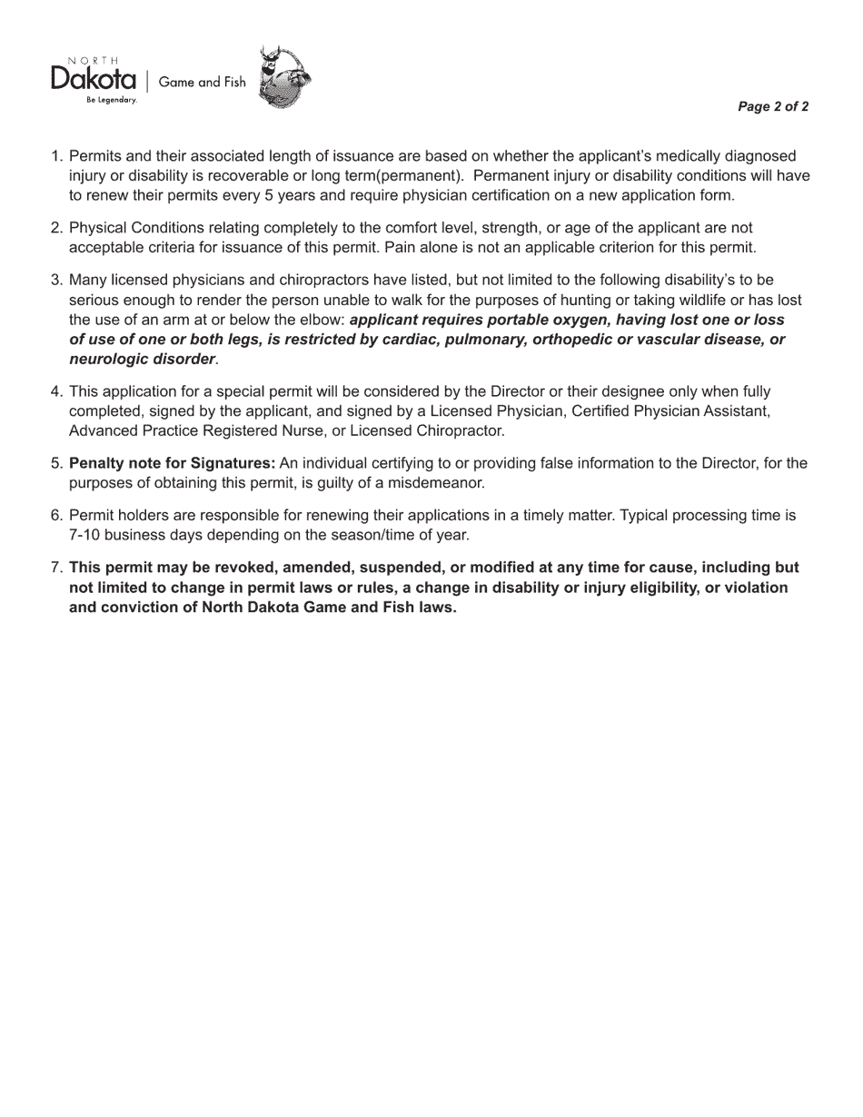 Form SFN6096 Statement of Confirmation for Medical Disability Shoot From a Stationary Motor Vehicle - North Dakota, Page 2