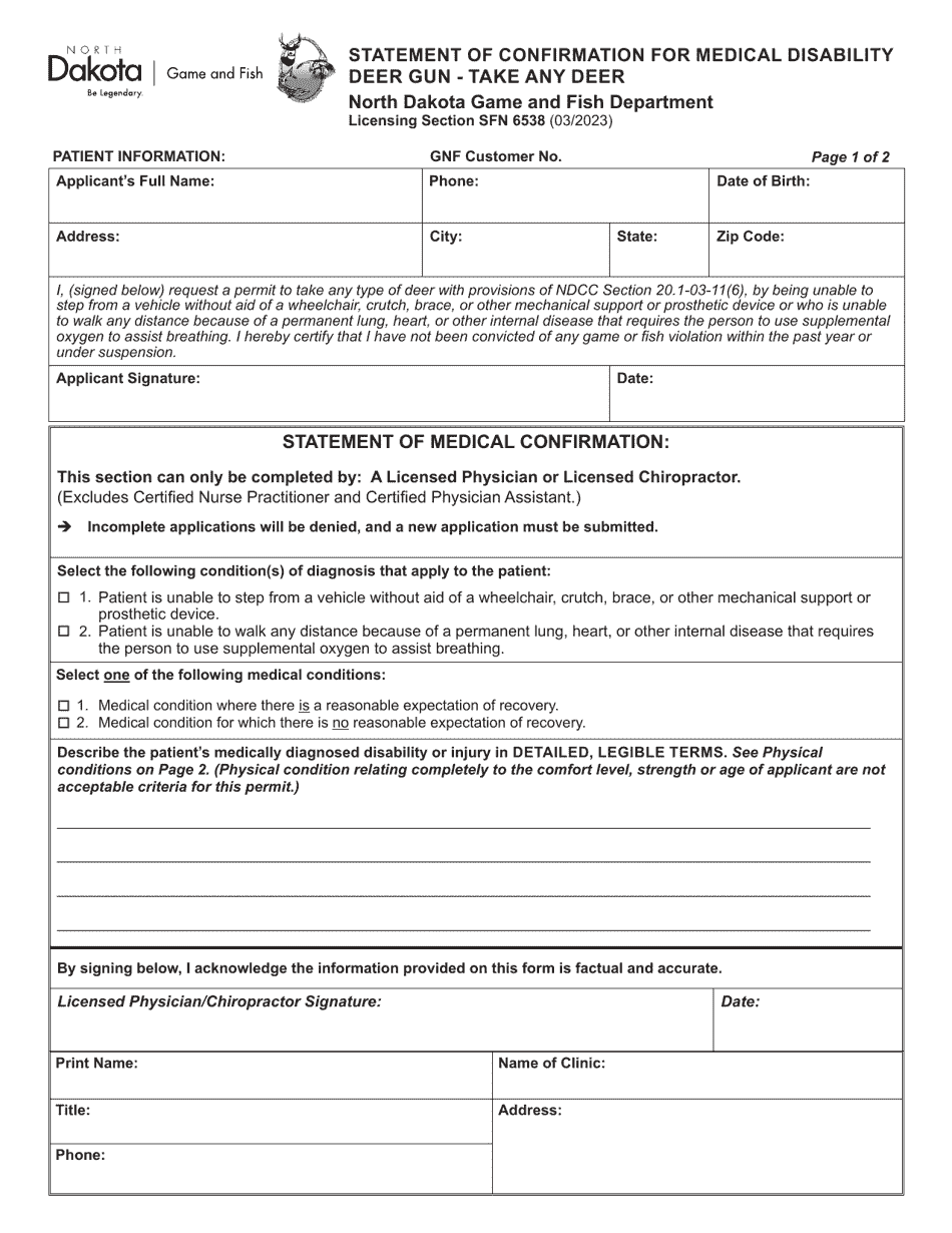 Form SFN6538 Statement of Confirmation for Medical Disability Deer Gun - Take Any Deer - North Dakota, Page 1