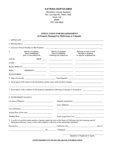 Application for Reassessment of Property Damaged by Misfortune or Calamity - Mendocino County, California Download Pdf