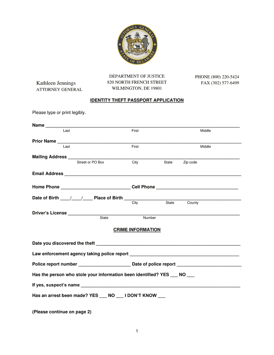 Identity Theft Passport Application - Delaware, Page 1