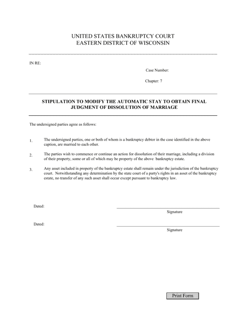 Stipulation to Modify the Automatic Stay to Obtain Final Judgment of Dissolution of Marriage - Wisconsin Download Pdf