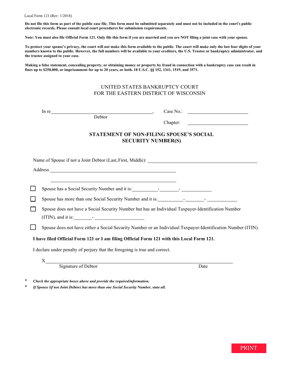 Local Form 121 Statement of Non-filing Spouses Social Security Number(S) - Wisconsin, Page 1
