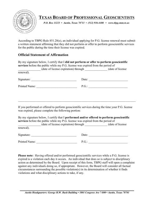 Form VII Official Statement of Affirmation - Texas