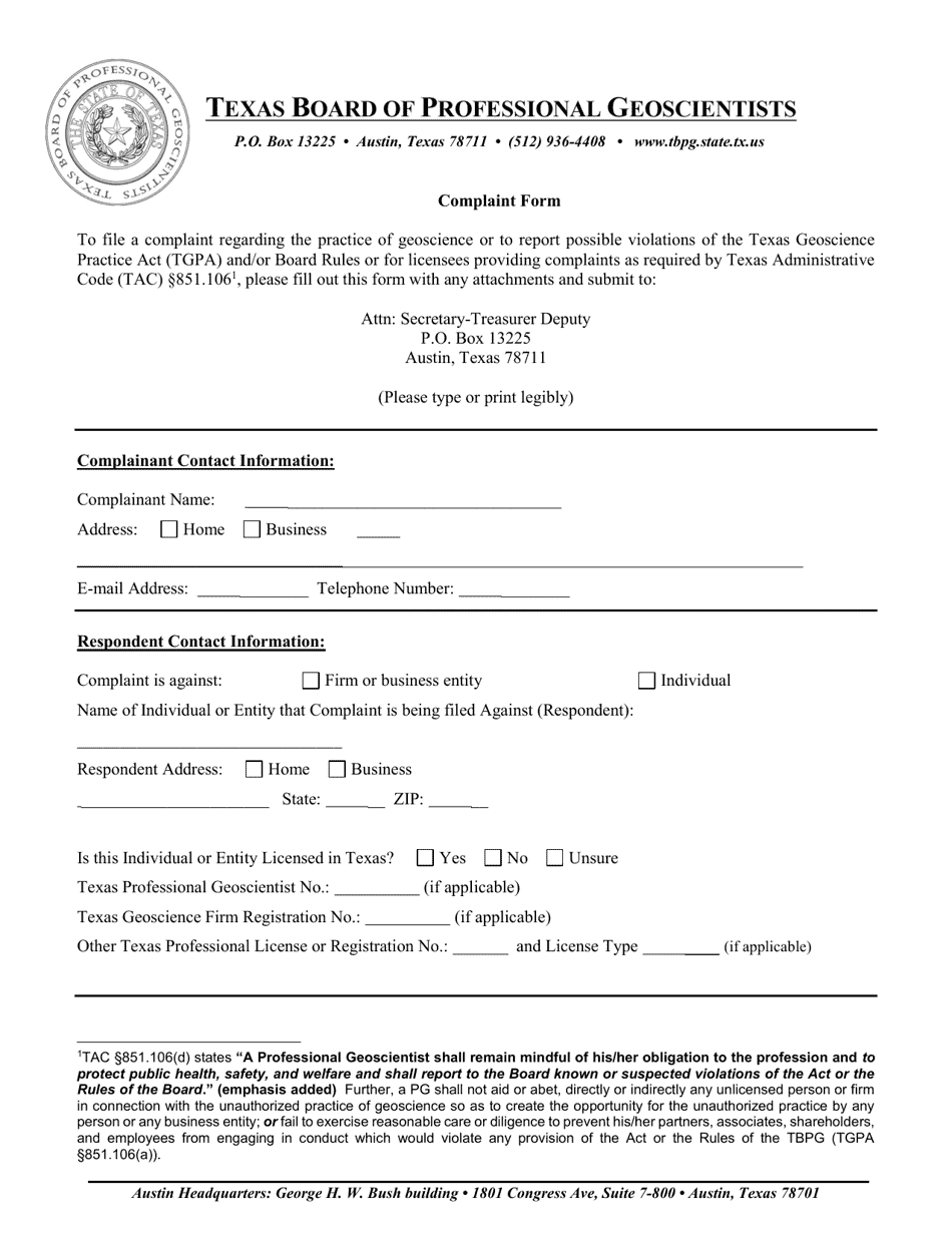 Form XI Complaint Form - Texas, Page 1