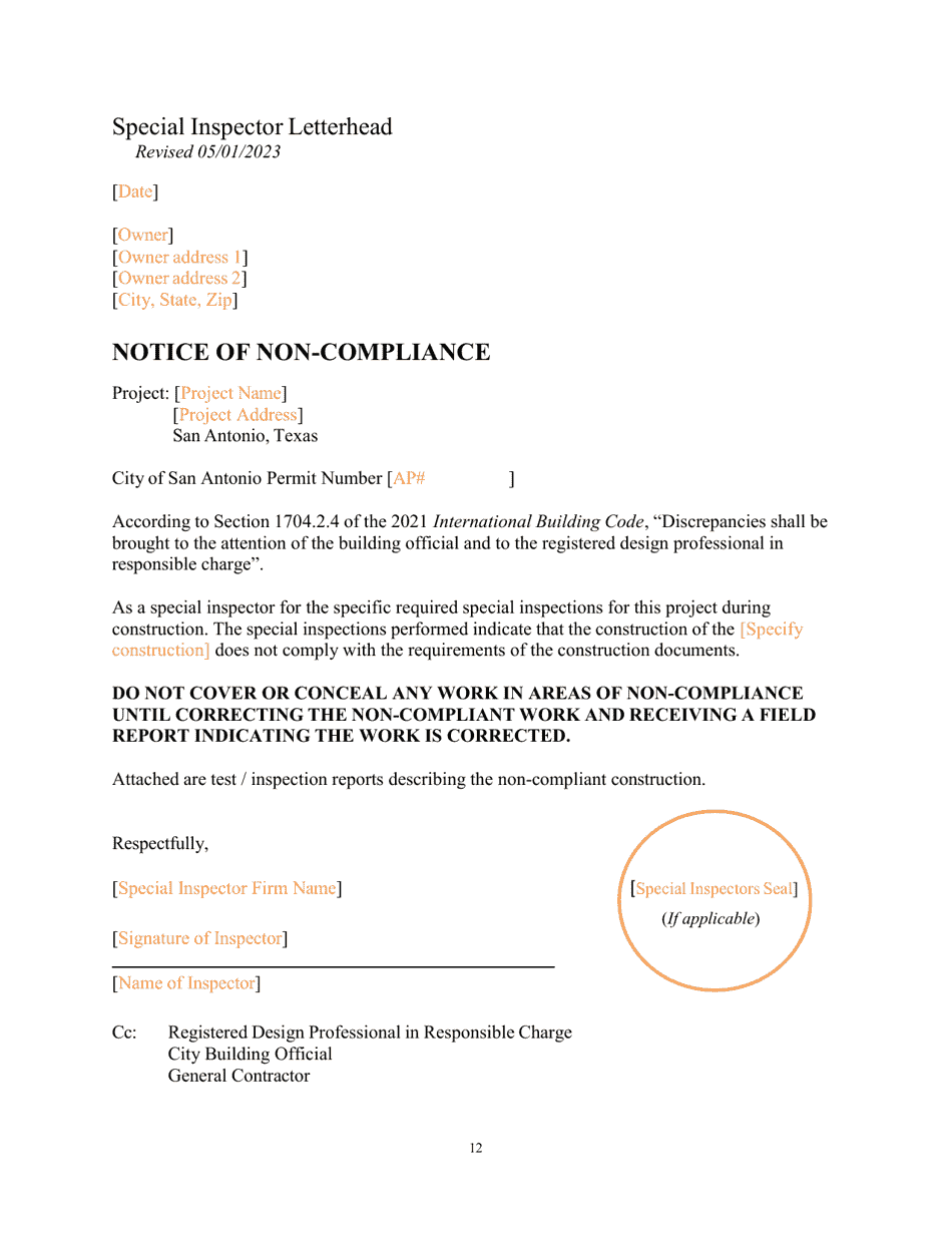 Program Policies, Procedures  Guidelines, Lists, Notice Forms, and Report Forms for Special Inspections - City of San Antonio, Texas, Page 12