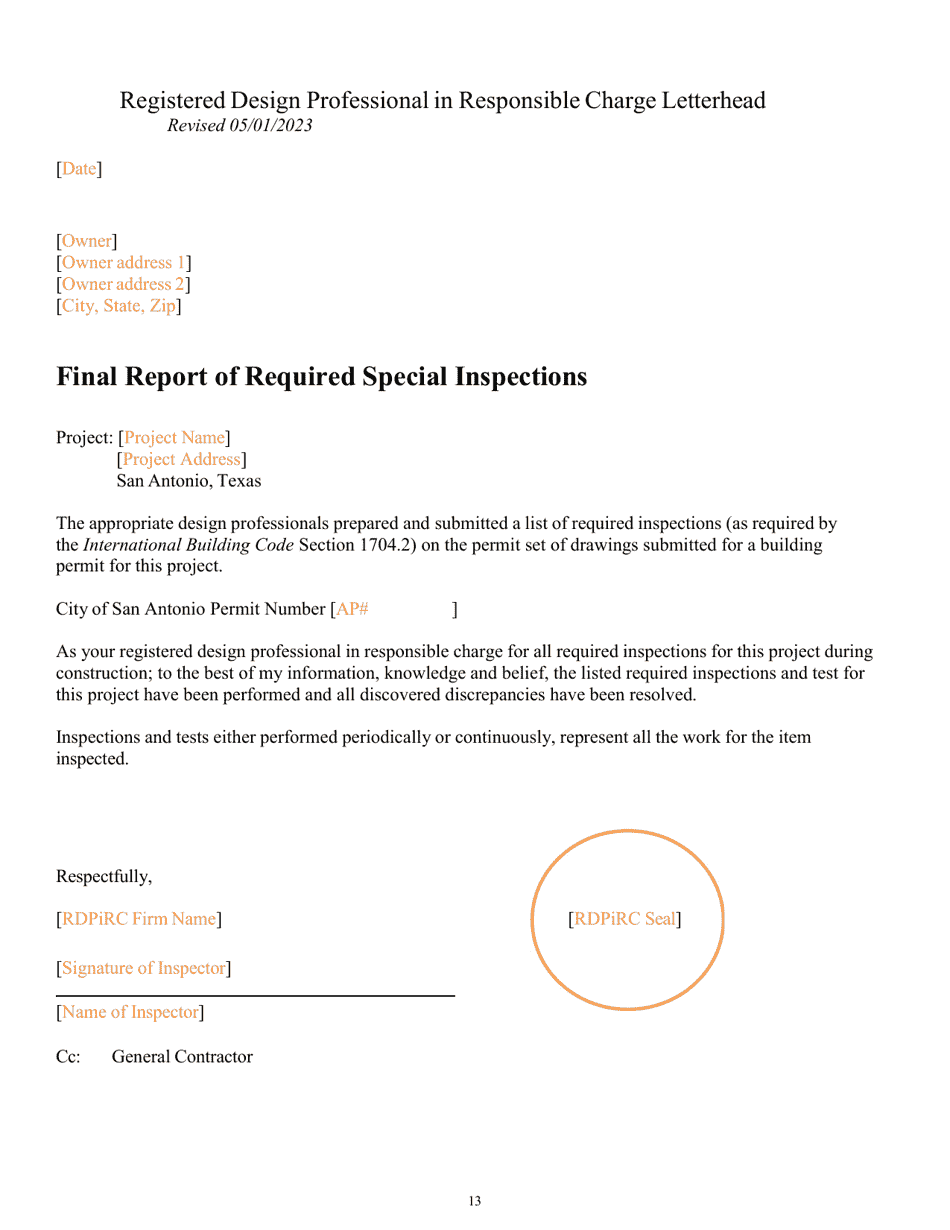 Program Policies, Procedures  Guidelines, Lists, Notice Forms, and Report Forms for Special Inspections - City of San Antonio, Texas, Page 13