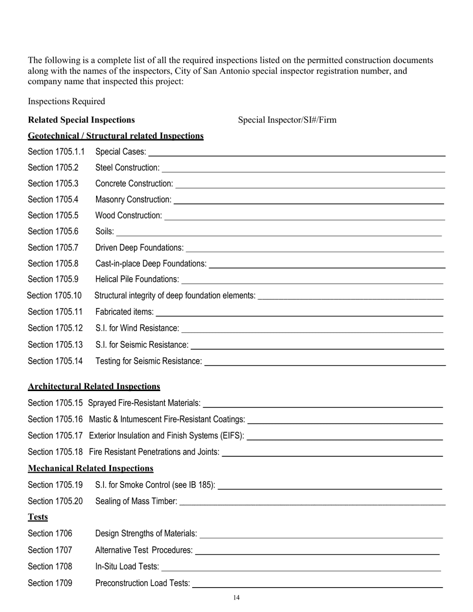 Program Policies, Procedures  Guidelines, Lists, Notice Forms, and Report Forms for Special Inspections - City of San Antonio, Texas, Page 14
