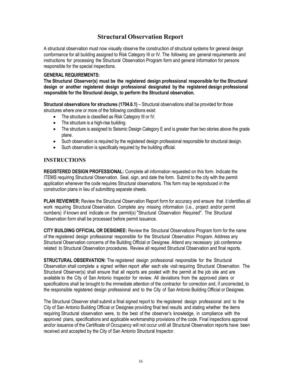 Program Policies, Procedures  Guidelines, Lists, Notice Forms, and Report Forms for Special Inspections - City of San Antonio, Texas, Page 16