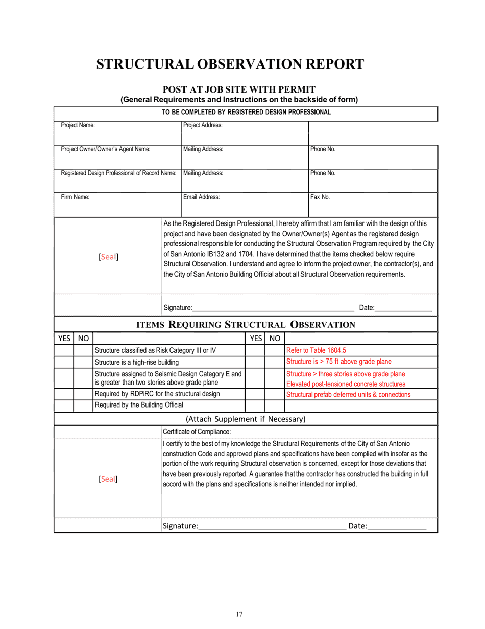 Program Policies, Procedures  Guidelines, Lists, Notice Forms, and Report Forms for Special Inspections - City of San Antonio, Texas, Page 17
