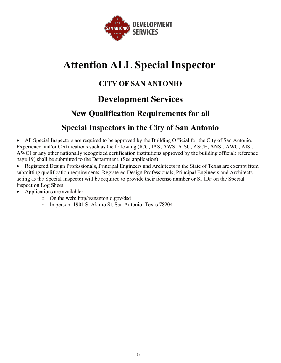 Program Policies, Procedures  Guidelines, Lists, Notice Forms, and Report Forms for Special Inspections - City of San Antonio, Texas, Page 18