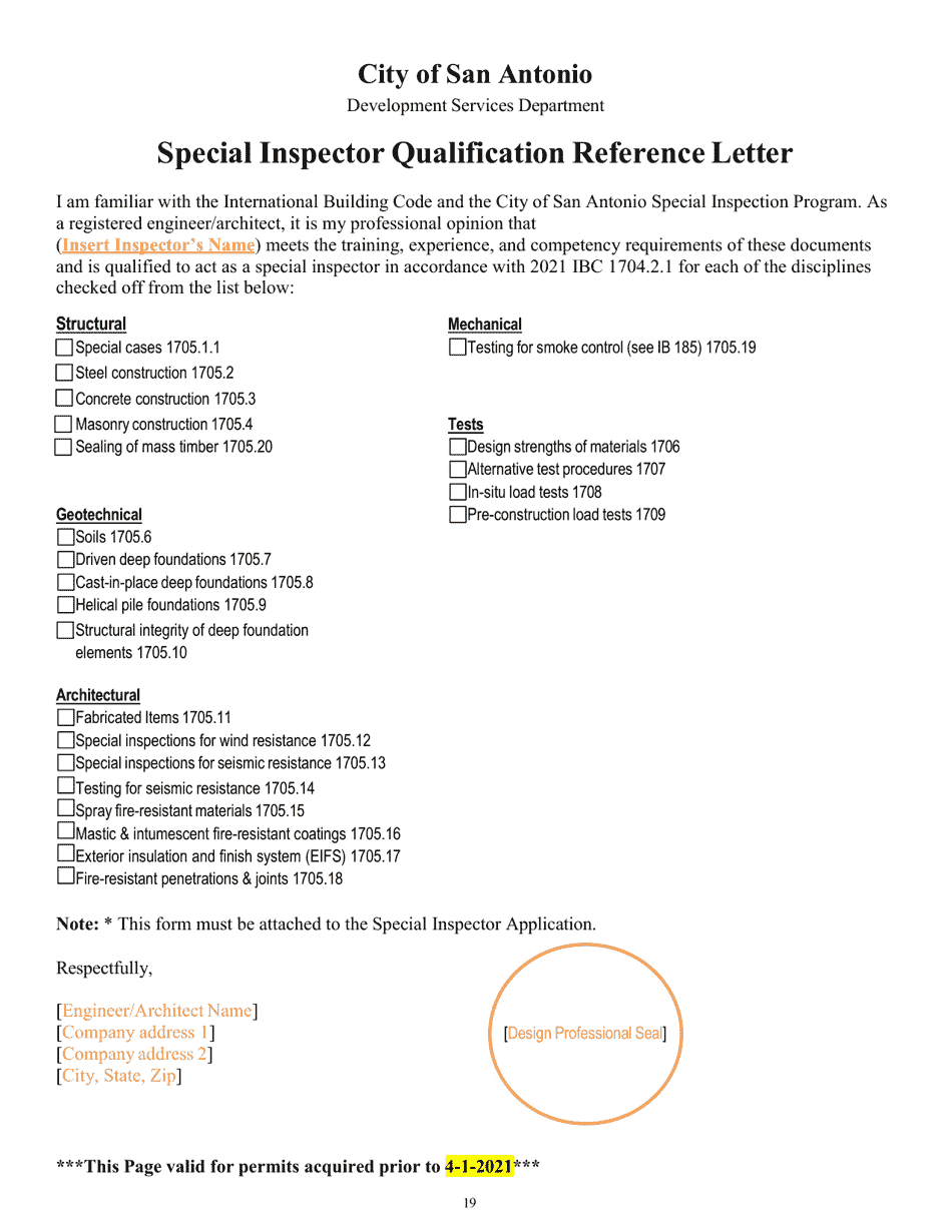 Program Policies, Procedures  Guidelines, Lists, Notice Forms, and Report Forms for Special Inspections - City of San Antonio, Texas, Page 19