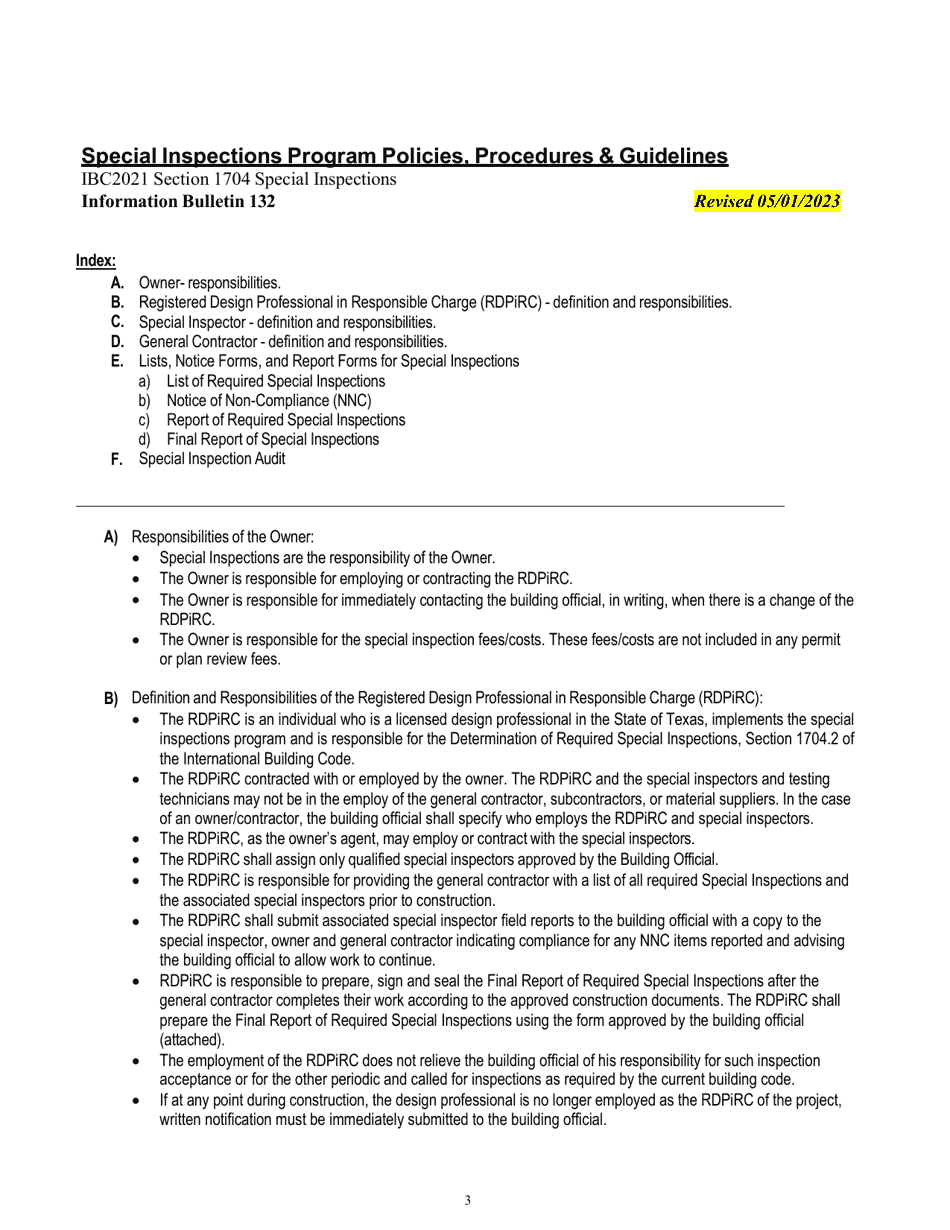 Program Policies, Procedures  Guidelines, Lists, Notice Forms, and Report Forms for Special Inspections - City of San Antonio, Texas, Page 3