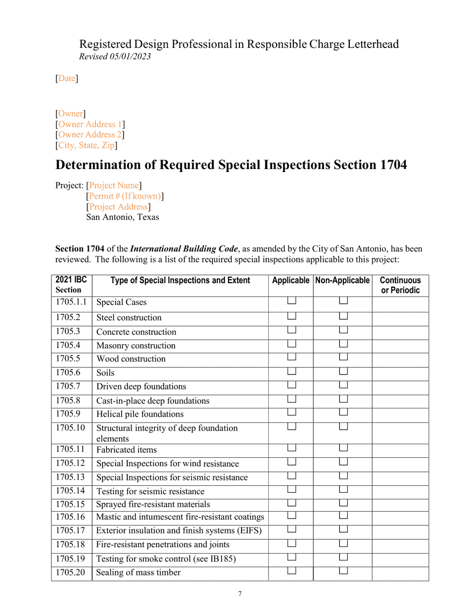 Program Policies, Procedures  Guidelines, Lists, Notice Forms, and Report Forms for Special Inspections - City of San Antonio, Texas, Page 7
