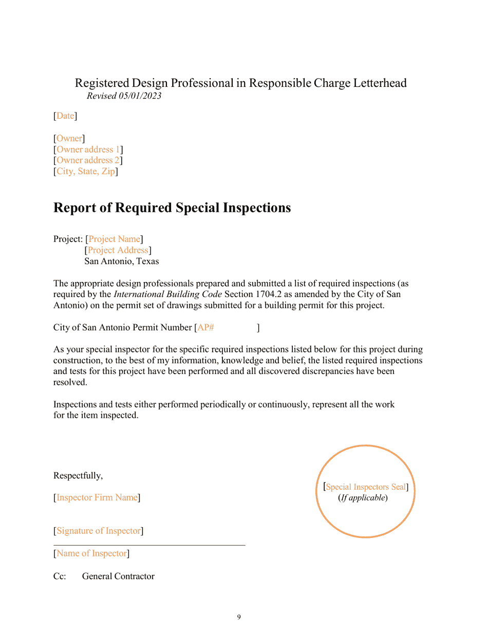Program Policies, Procedures  Guidelines, Lists, Notice Forms, and Report Forms for Special Inspections - City of San Antonio, Texas, Page 9