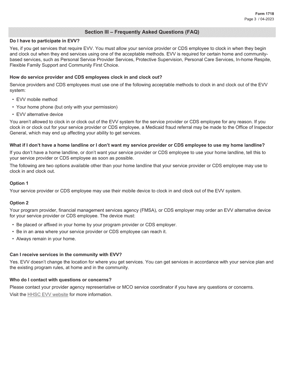 Form 1718 Electronic Visit Verification (Evv) Responsibilities and Additional Information (Managed Care Organization) - Texas, Page 3