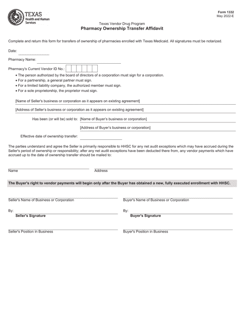 Form 1332 Pharmacy Ownership Transfer Affidavit - Texas