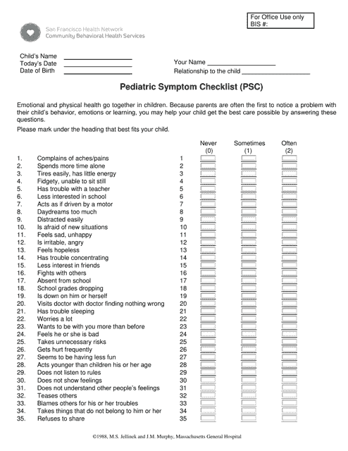 Form PSC-35 Pediatric Symptom Checklist (Psc) - City and County of San Francisco, California