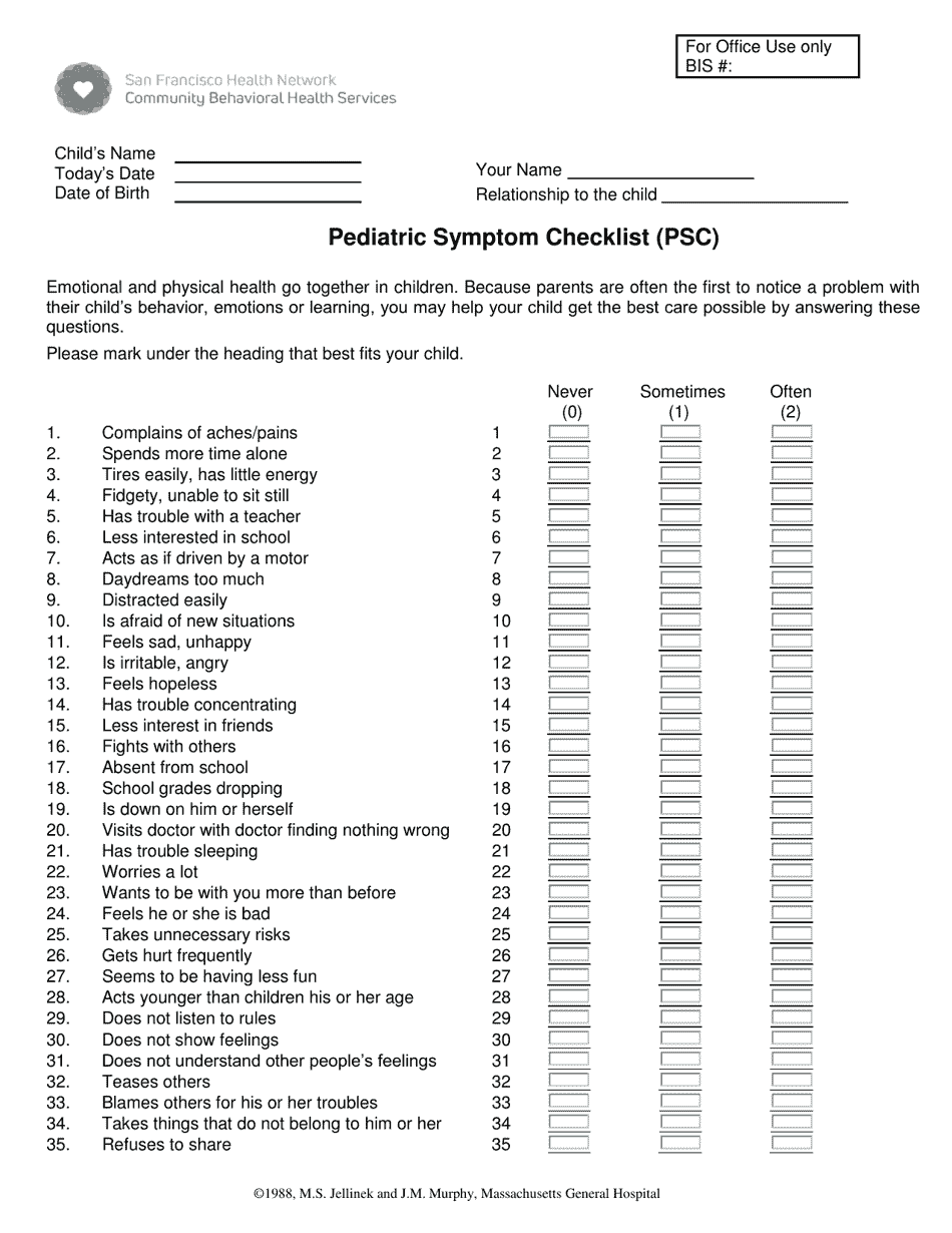 Form PSC-35 Pediatric Symptom Checklist (Psc) - City and County of San Francisco, California, Page 1
