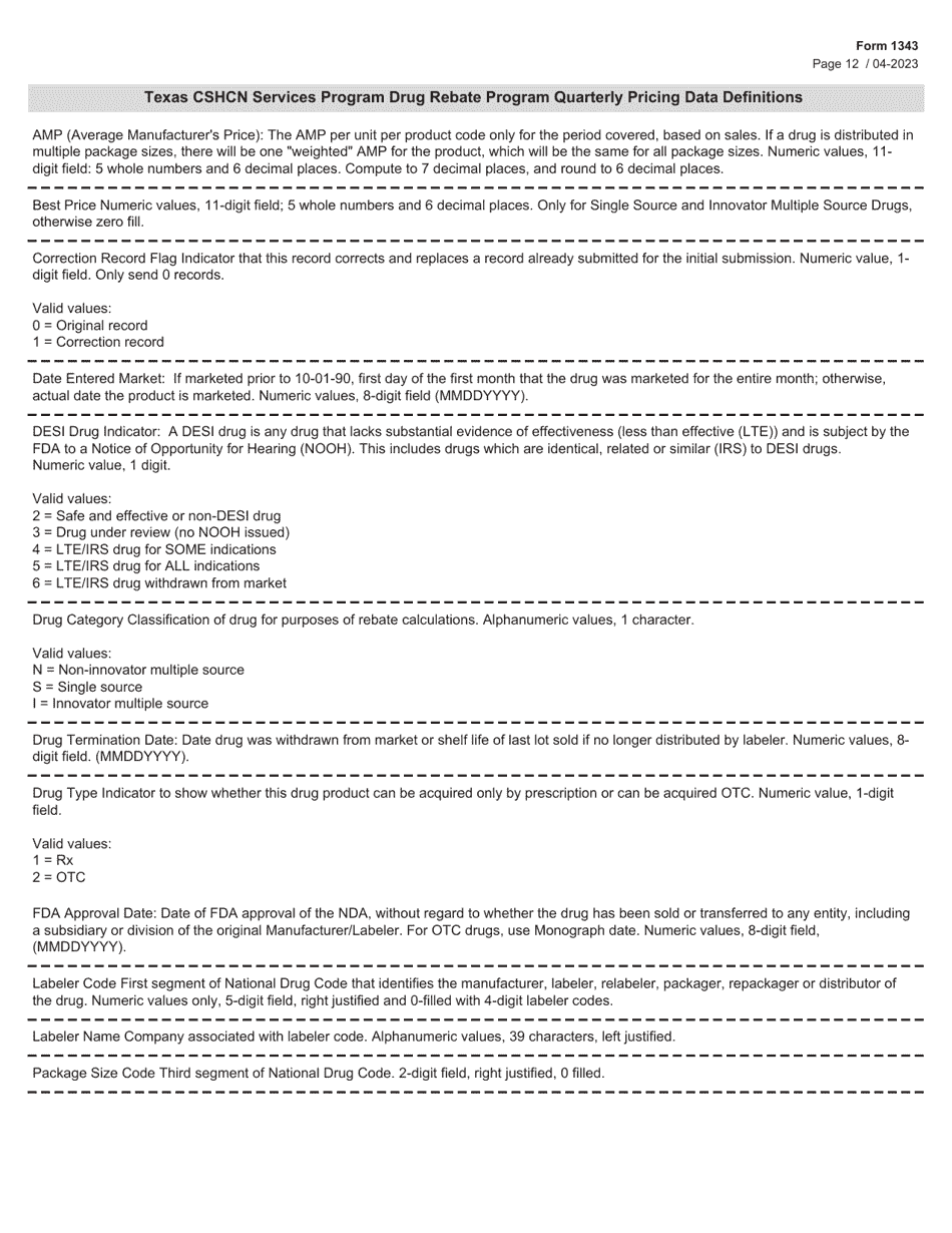 Form 1343 Children With Special Health Care Needs Services Program Drug Rebate Agreement - Texas, Page 12