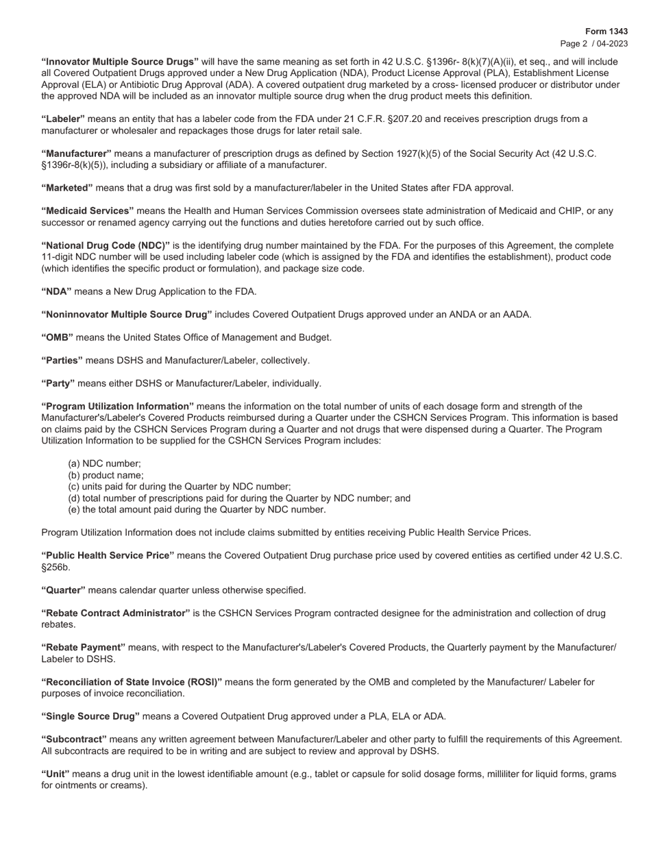 Form 1343 Children With Special Health Care Needs Services Program Drug Rebate Agreement - Texas, Page 2
