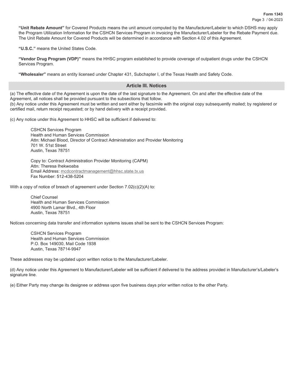 Form 1343 Children With Special Health Care Needs Services Program Drug Rebate Agreement - Texas, Page 3