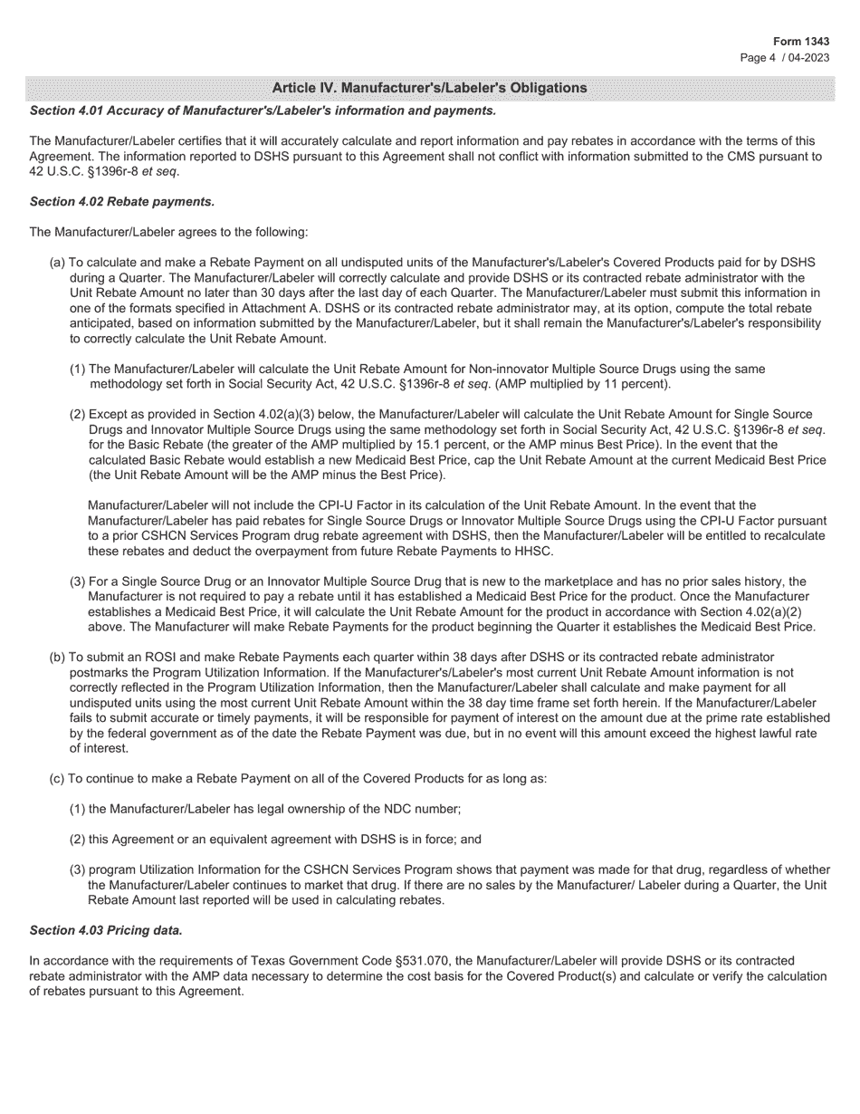 Form 1343 Children With Special Health Care Needs Services Program Drug Rebate Agreement - Texas, Page 4