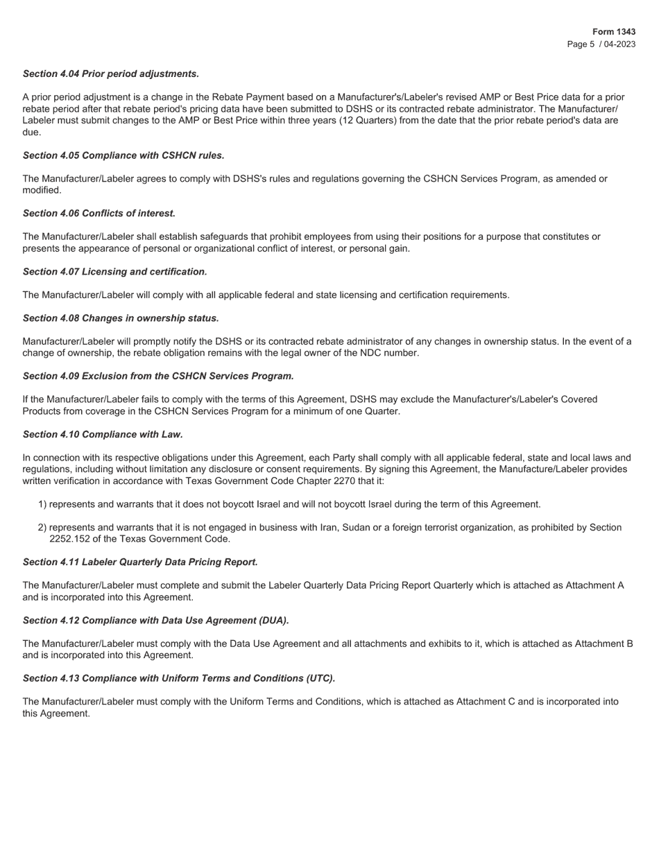 Form 1343 Children With Special Health Care Needs Services Program Drug Rebate Agreement - Texas, Page 5