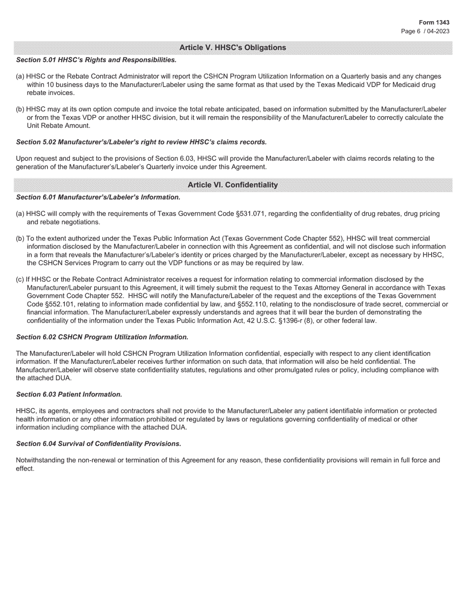 Form 1343 Children With Special Health Care Needs Services Program Drug Rebate Agreement - Texas, Page 6