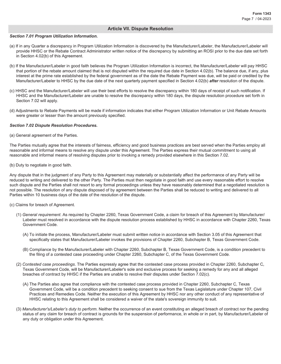 Form 1343 Children With Special Health Care Needs Services Program Drug Rebate Agreement - Texas, Page 7