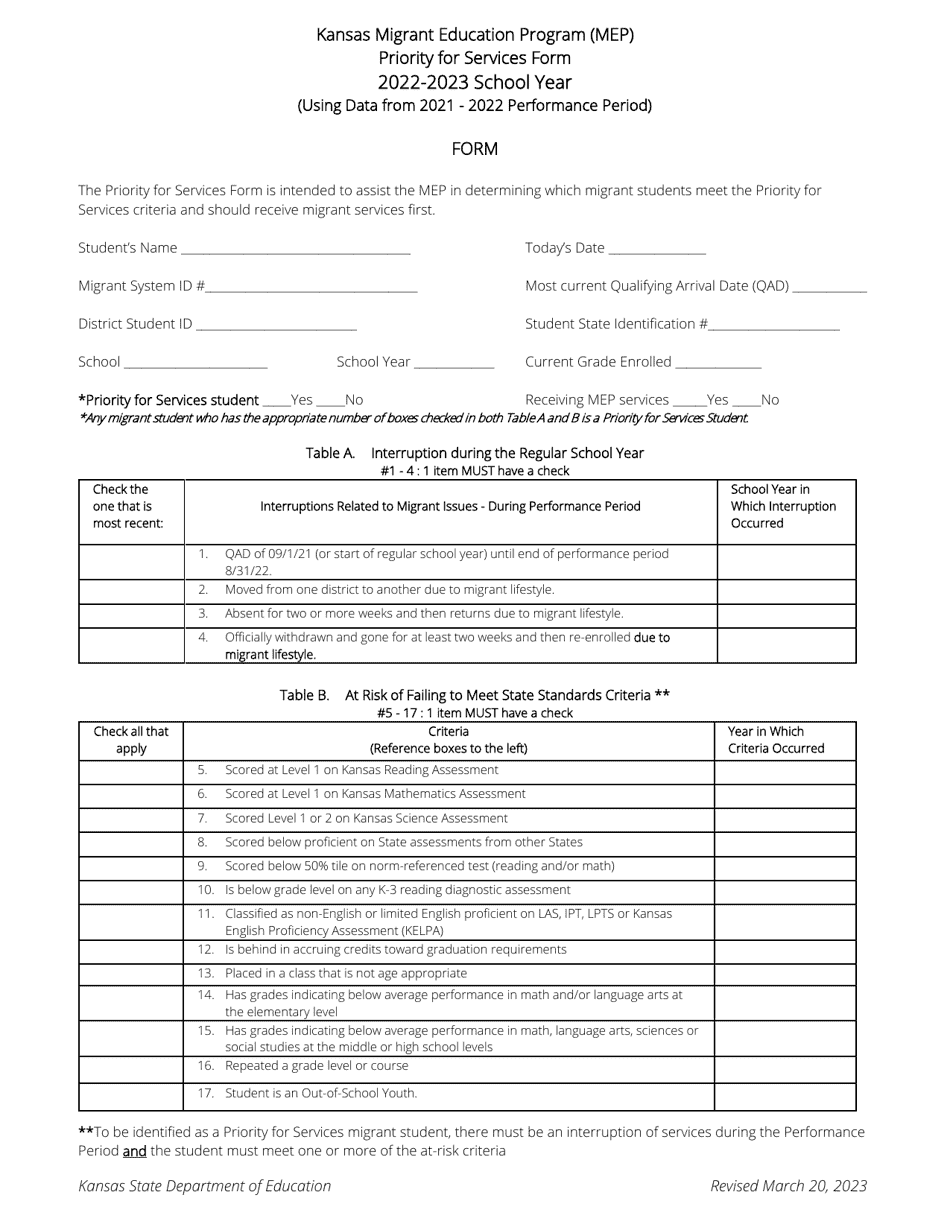 Priority for Services Form - Kansas Migrant Education Program (Mep) - Kansas, Page 2