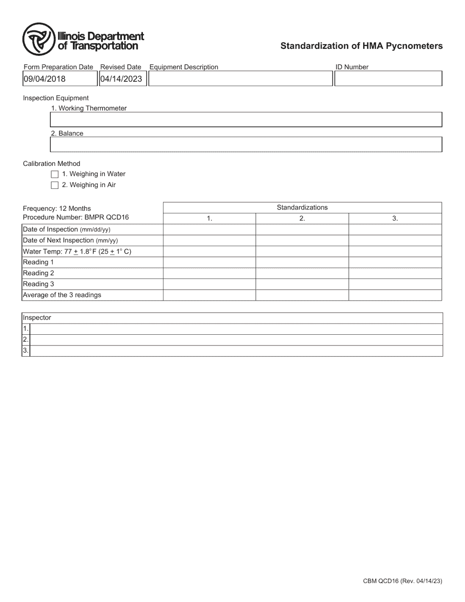 Form CBM QCD16 Standardization of Hma Pycnometers - Illinois, Page 1