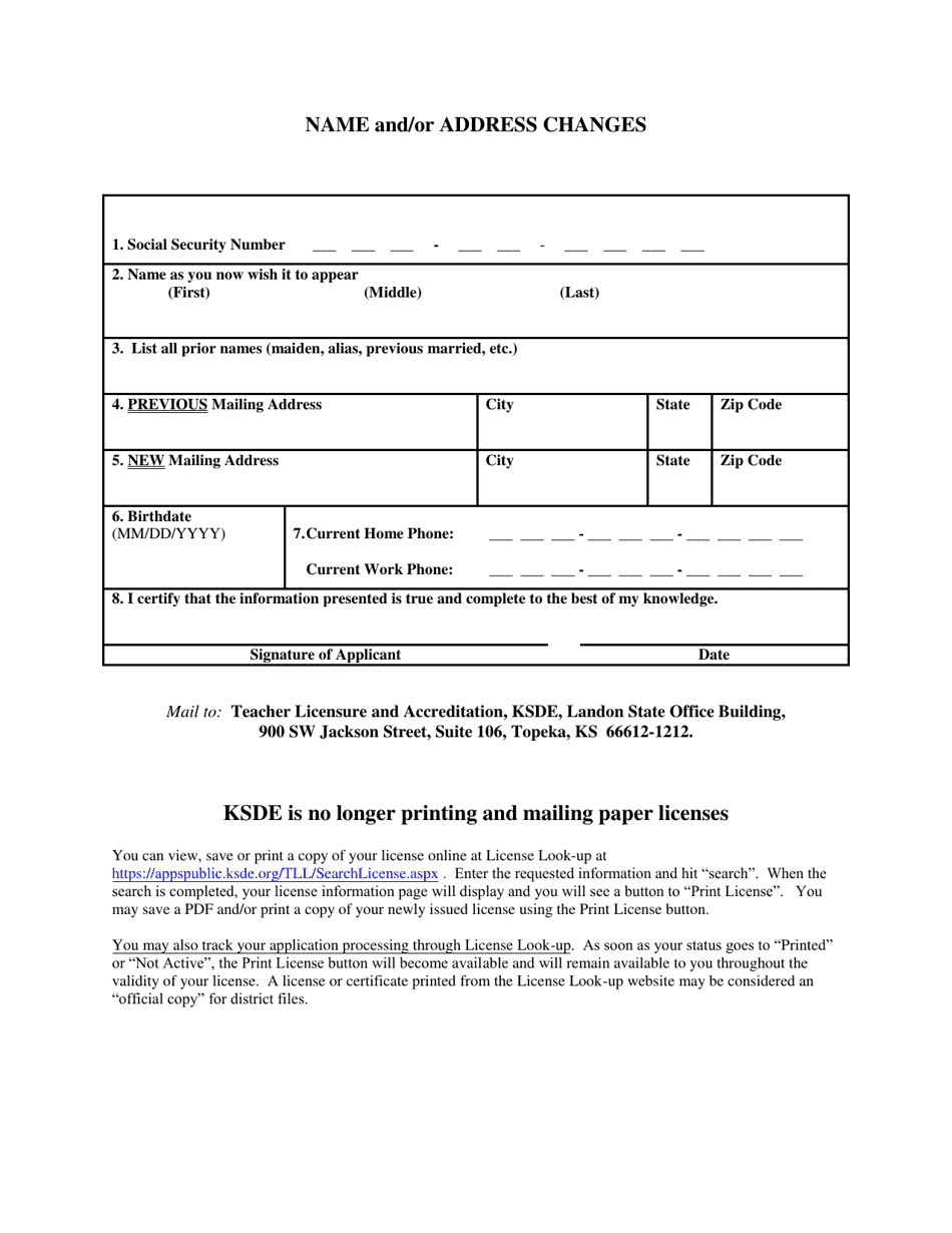 Name and / or Address Changes - Kansas, Page 1