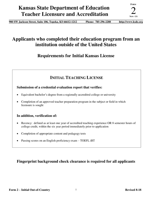 Form 2 Teacher Licensure and Accreditation Form - Kansas