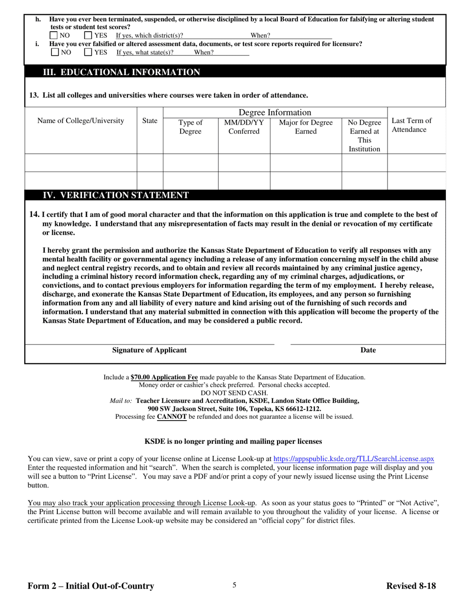 Form 2 Teacher Licensure and Accreditation Form - Kansas, Page 5