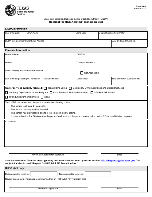 Form 1046 Request for Hcs Adult Nf Transition Slot - Texas