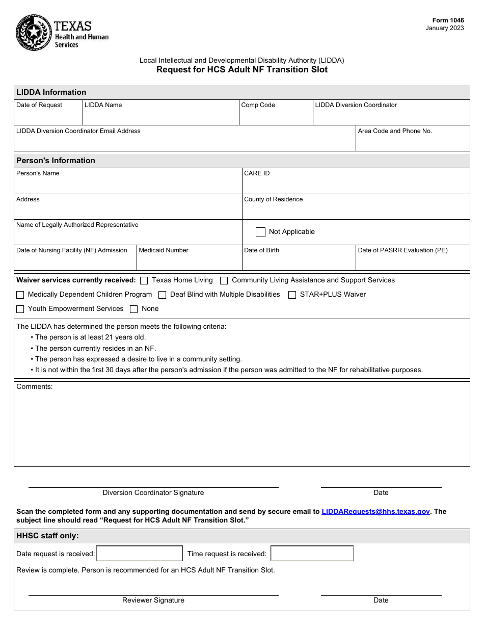 Form 1046 Download Fillable PDF or Fill Online Request for Hcs Adult Nf ...