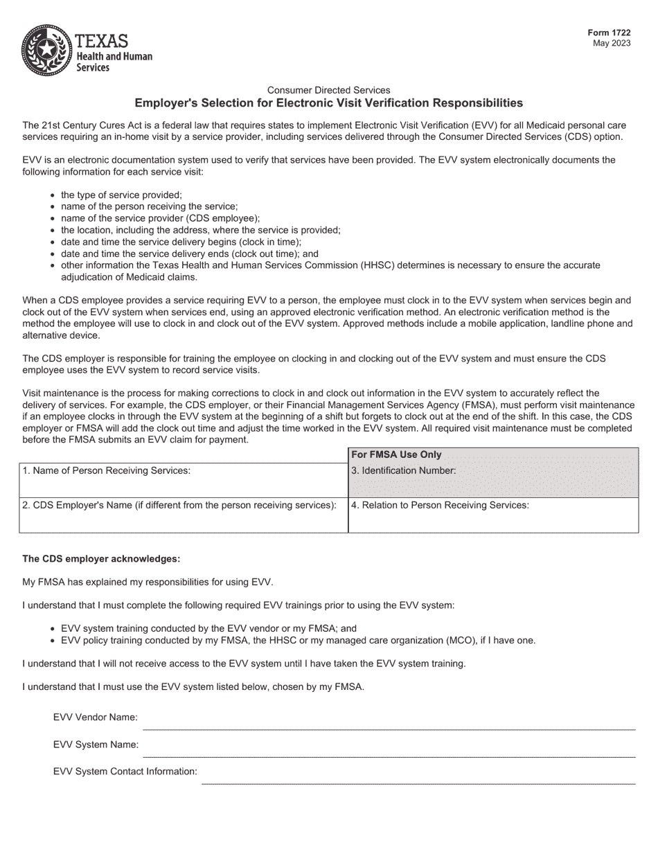 Form 1722 Employers Selection for Electronic Visit Verification Responsibilities - Texas, Page 1