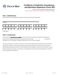 Fannie Mae Form 360 Certificate of Authority, Incumbency, and Specimen Signatures