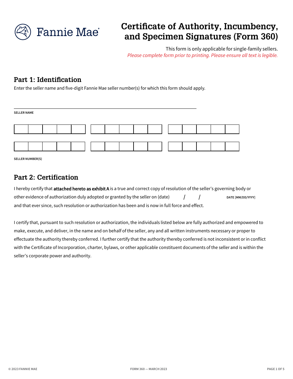 Fannie Mae Form 360 Certificate of Authority, Incumbency, and Specimen Signatures, Page 1