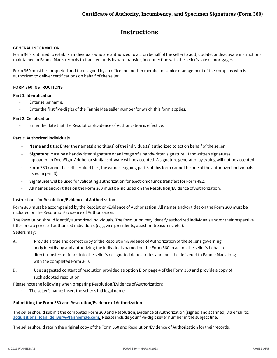 Fannie Mae Form 360 Certificate of Authority, Incumbency, and Specimen Signatures, Page 5