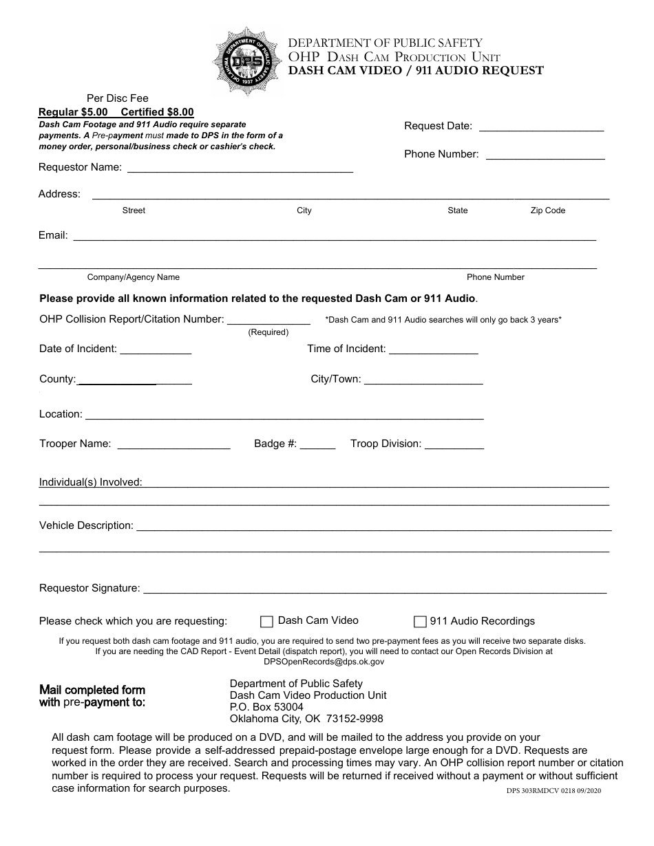 Form DPS303RMDV0218 Dash Cam Video / 911 Audio Request - Oklahoma, Page 1
