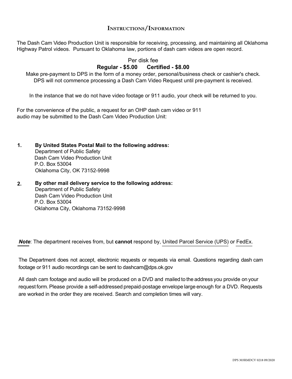 Form DPS303RMDV0218 Dash Cam Video / 911 Audio Request - Oklahoma, Page 2