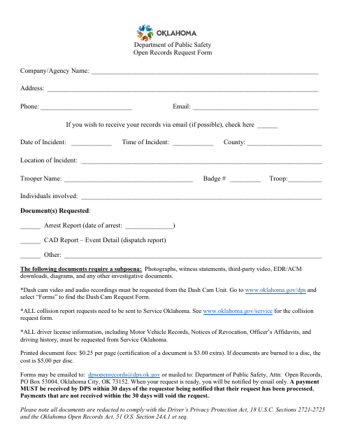 Open Records Request Form - Oklahoma Download Pdf