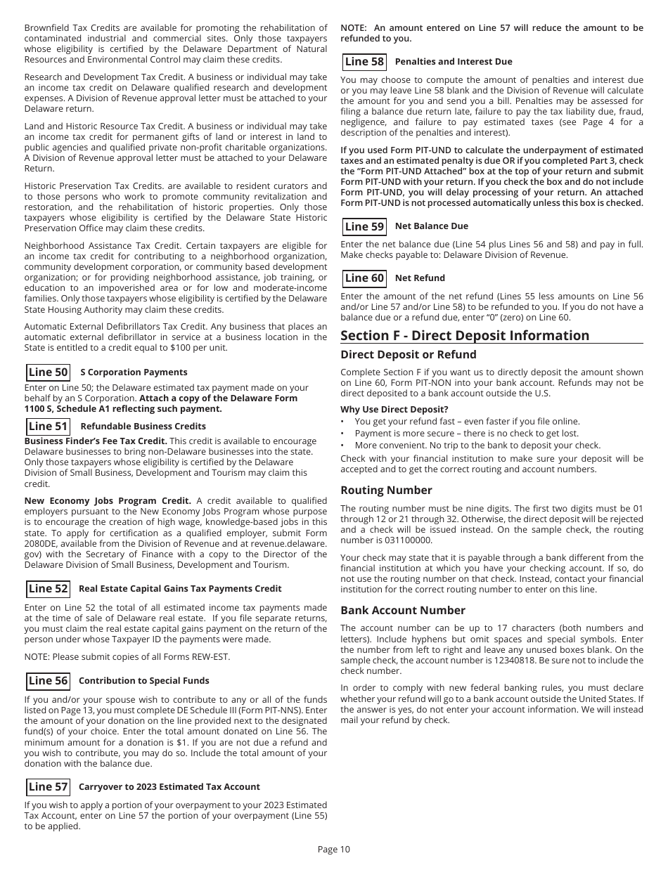 Instructions for Form PIT-NON Delaware Individual Non-resident Income Tax Return - Delaware, Page 10