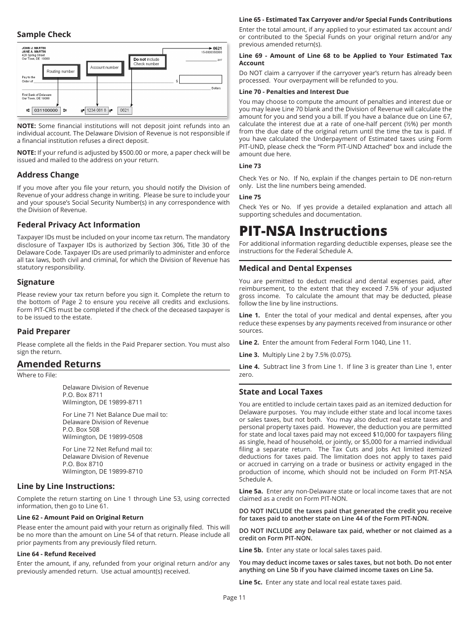 Instructions for Form PIT-NON Delaware Individual Non-resident Income Tax Return - Delaware, Page 11