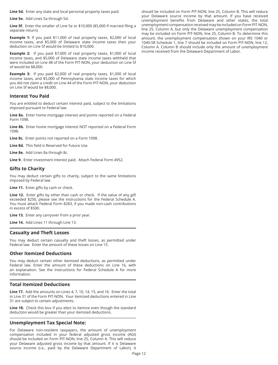 Instructions for Form PIT-NON Delaware Individual Non-resident Income Tax Return - Delaware, Page 12
