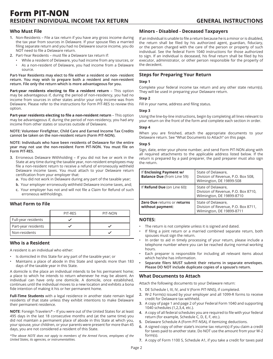 Instructions for Form PIT-NON Delaware Individual Non-resident Income Tax Return - Delaware, Page 2
